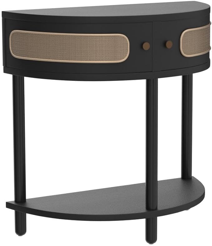 Entryway Table Rattan Half-Moon Console - Semicircular Black Oak & Natural Cane with Brass Knobs - Console Table with Storage & Narrow Curved Design for Entryway & Living Room Decor