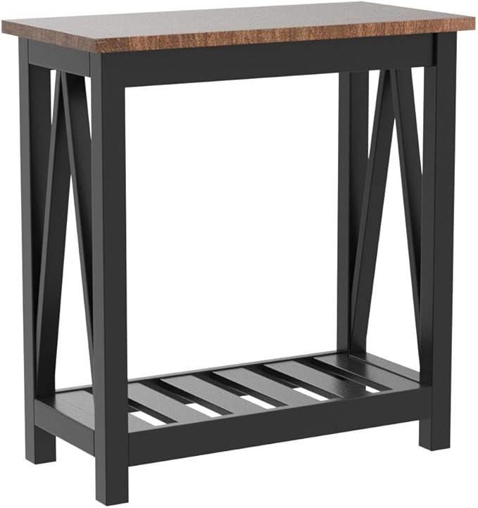 ChooChoo Farmhouse End Table, Rustic Vintage Narrow End Side Table with Storage Shelf for Small Spaces, Nightstand Sofa Table for Living Room, Bedroom Black 2 Pack