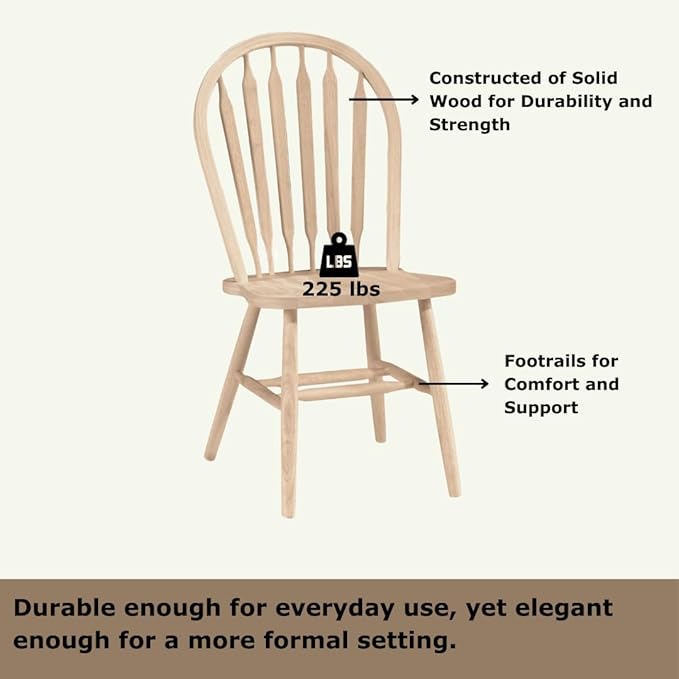 IC International Concepts Windsor ArrowBack Chair-Plain Legs 225lbs wt Capacity, Solid Real Wood, Sturdy Parawood, 19.25"W x 19.75"D x 38.25"H, Unfinished