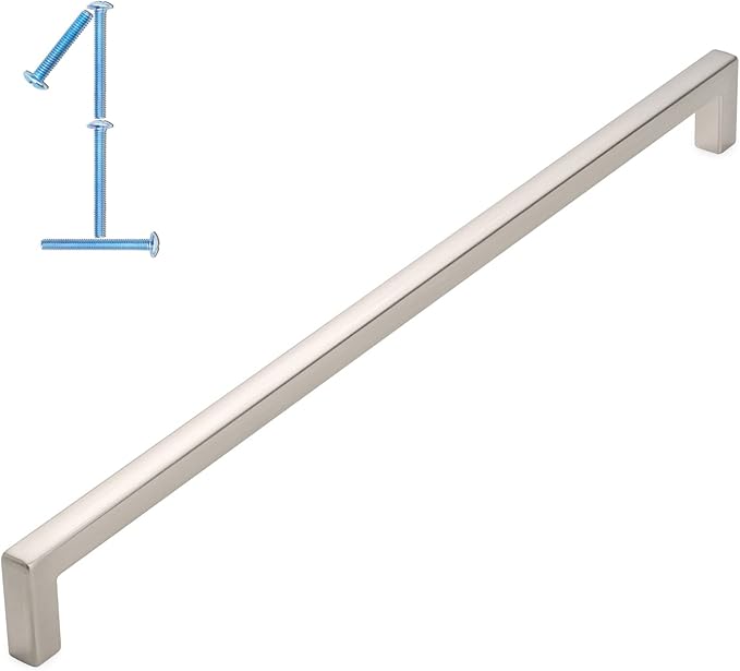 KOOFIZO Solid Square Bar Cabinet Handle - Brushed Nickel Furniture Pull, 12.6 Inch/320mm Screwhole Distance, 1-Piece for Kitchen Cupboard Door, Bedroom Dresser Drawer, Bathroom Wardrobe Hardware