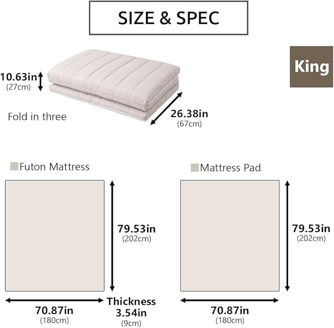 EMOOR Japanese Tri-fold Futon Mattress Machi with Mattress Pad King Gray, Gusset Foldable Storable Washable Floor Sleeping Guest Bed Tatami Mat