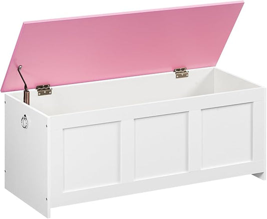 HOOBRO Storage Bench, 39.3" Retro Wooden Storage Chest, Wooden Storage Trunk, Toy Chest with Lift Top, Multifunctional Entryway Organizer, for Entryway, Living Room, White and Pink WK141CW01