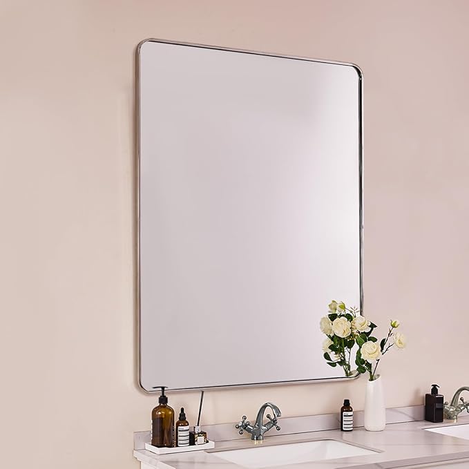 ANDY STAR 48x32 Inch Chrome Bathroom Mirror, Chrome Bathroom Vanity Mirror, Rounded Rectangle Mirror, Anti-Rust SUS304, Seamless Tube Metal Frame, 1’’ Deep Wall Mounted Vertically/Horizontal
