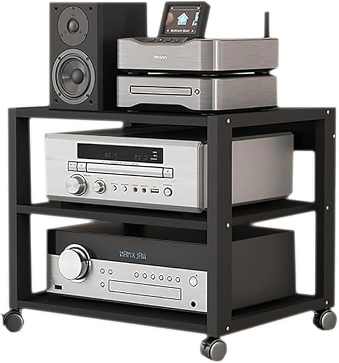 3 Tier Audio Rack Tower, CD Record Player Stereo Receiver AV Equipment Cabinet Display Rack, Weight Capacity 220 lbs, with Adjustable Wooden Shelves for Home (Black, 3tier)