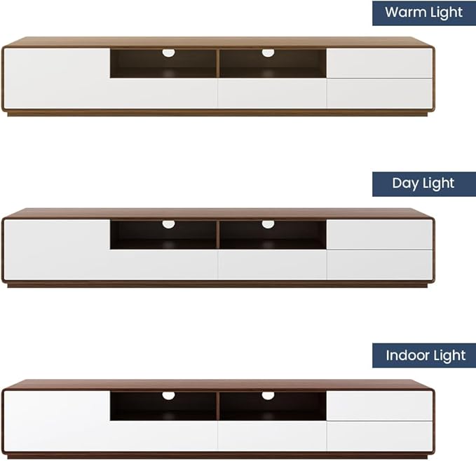 POVISON Modern Wood White TV Stand 78", Fully-Assembled Open Storage Cabinet, Lowline Media Console with 4 Drawers, Walnut Veneer (TV Stand Only)
