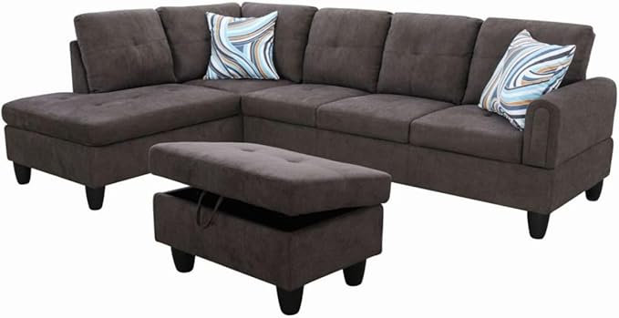 Dark Brown L-Shaped 3-Piece Flannel Sofa with Storage Ottoman Set, Sectional Couch Sofa Set for Living Room, Office, Small Space
