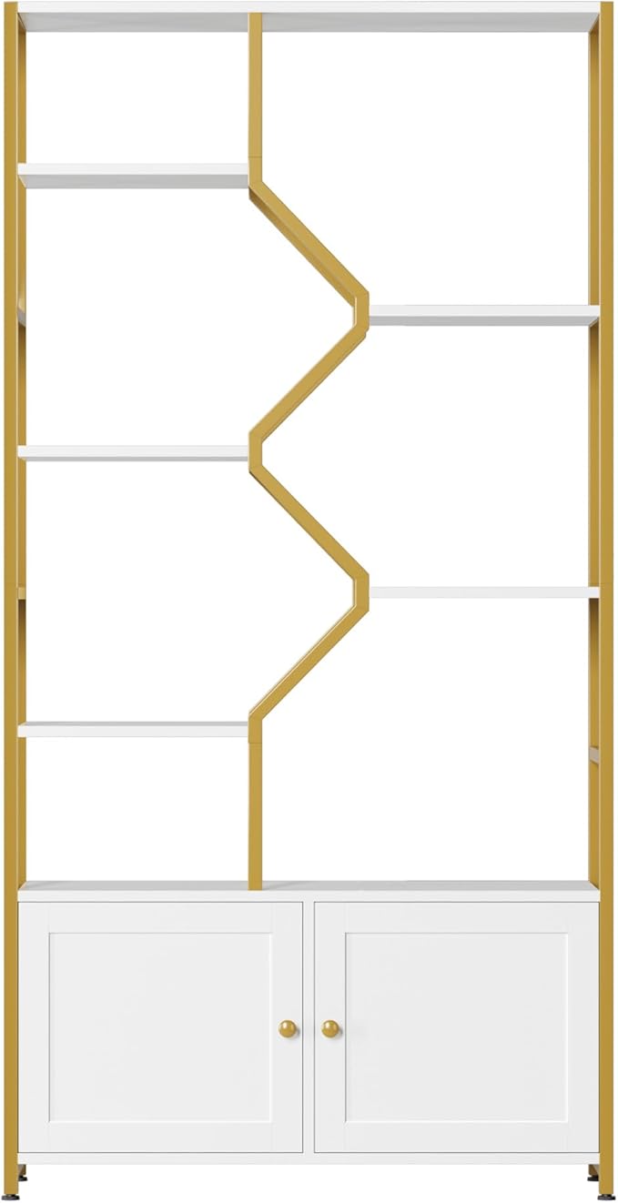 Keyluv 76" Tall Gold Bookshelf with Cabinet Storage, Multifunctional Open Display Bookcase with Door, Large Book Shelf Organizer for Living Room, Home, Office, Heavy Duty Metal & Wood, Modern White