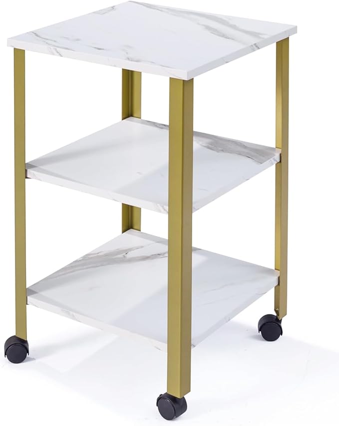 Side Table, End Table with Wheels, Printer Stand with 3-Tier Storage, Bedside Table,Telephone Table,Square Small Side Table for Living Room, Bedroom, Office, Kitchen, Metal Frame, Easy Assembly -White