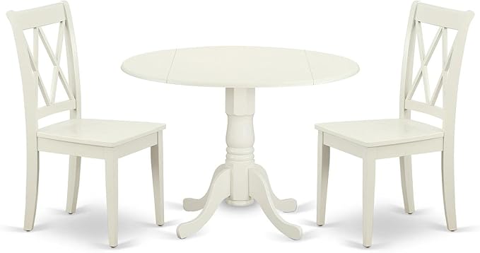 East West Furniture DLCL3-LWH-W 3 Piece Dining Room Table Set Contains a Round Dining Table with Dropleaf and 2 Wood Seat Chairs, 42x42 Inch, Linen White