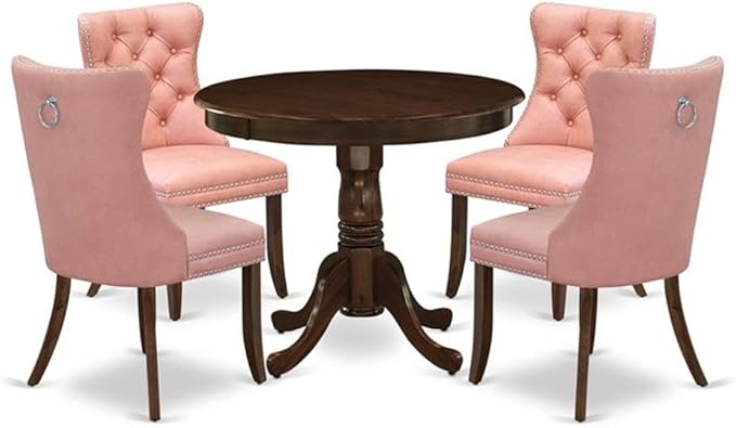 East West Furniture ANDA5-AWA-23 5 Piece Dinette Set Consists of a Round Dining Table with Pedestal and 4 Polyester Fabric Parson Kitchen Chairs, 36x36 Inch, Antique Walnut