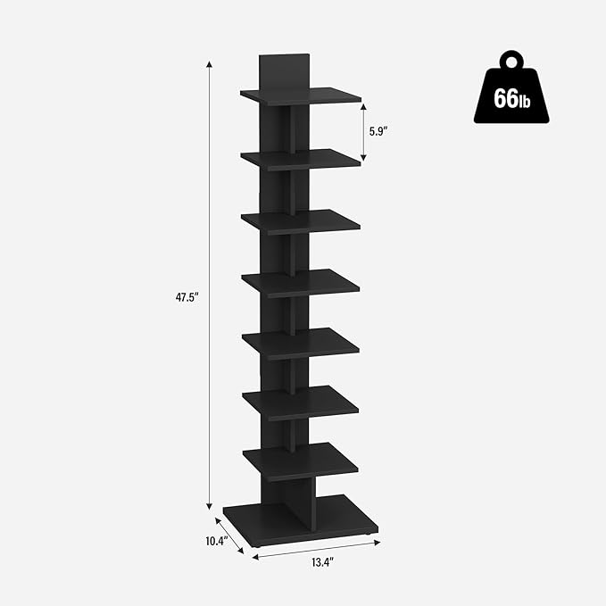 TUTOTAK Narrow Bookshelf, 8-Tier Bookcase, Spine Book Shelf for Small Space, Corner Standing Shelf for Living Room, Office, Study, Entryway, Black BS06BK008