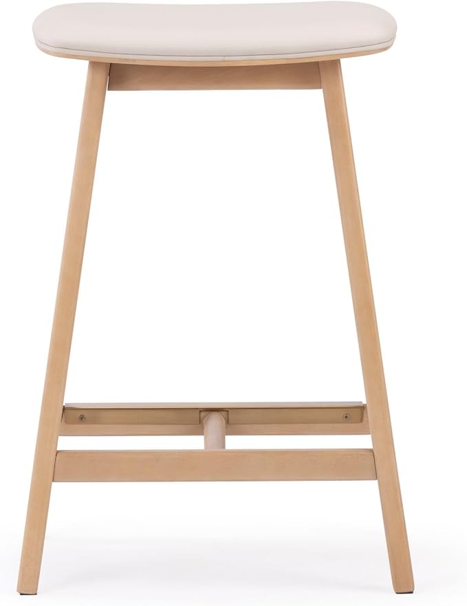 Plank+Beam Beryl Counter Height Stool - Mid-Century Modern Rubberwood Bar Stool with Faux Leather Seat, Metal Footrest, Easy Assembly, 4-Pack, Blonde/Sesame