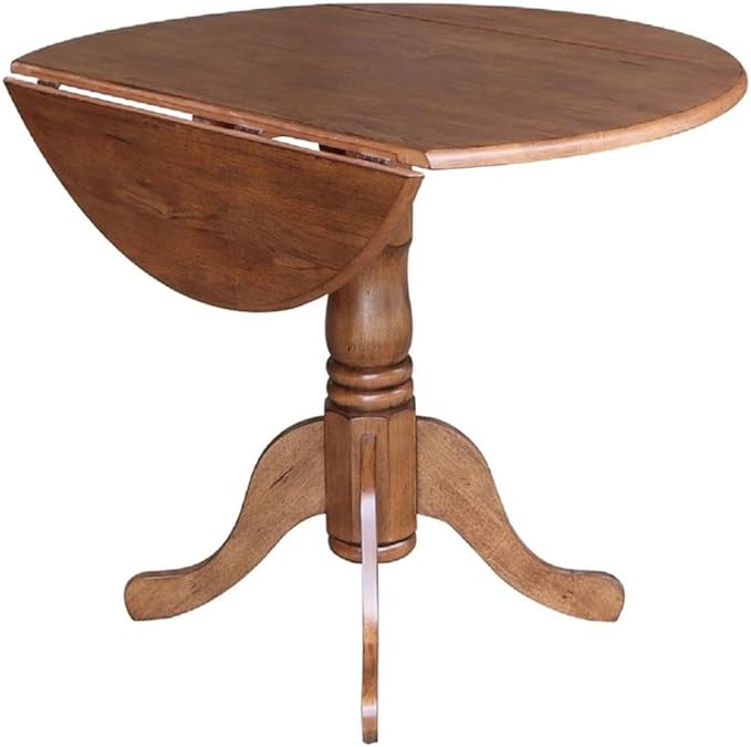 IC International Concepts 42-Inch Round Dual Drop Leaf Pedestal Dining Table, Elegant Space-Saving Furniture for Home and Office - Distressed Oak Finish
