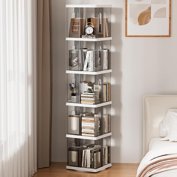 Rotating Bookshelf Tower, 360-Degree Rotating Bookshelves, Small Space Spinning Bookshelf, Revolving Bookcase Suitable for Bedrooms, Living Rooms, Studies and Offices (Grey,5Tier)