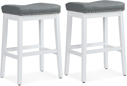 Athena Collection Counter Height Bar Stools Set of 2, 29.5 Inches Backless Saddle Bar Stools with Leather Upholstered and Nailhead Trim, Barstools for Counter, Kitchen Island, Dining Room, Grey
