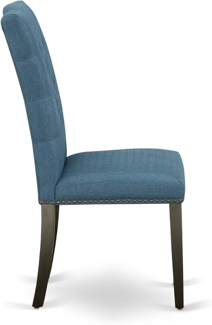 East West Furniture V697EL121-9 9 Piece Dining Room Table Set Includes a Rectangle Kitchen Table with V-Legs and 8 Blue Linen Fabric Parson Dining Chairs, 40x72 Inch, Multi-Color