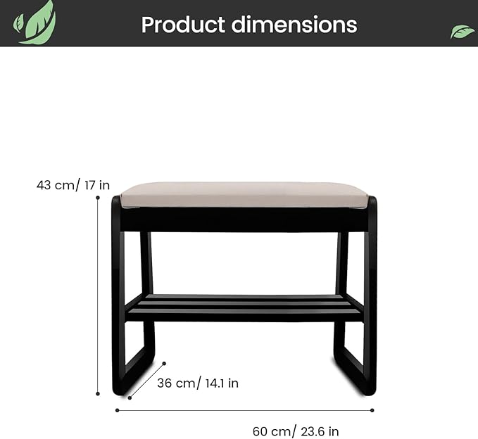 Solid Wood Shoe Rack, 2 Tier Shoe Storage Bench with Cushion Seat, 6 Pair Shoe Organizer for Entryway, Small, Black, 24 Inch