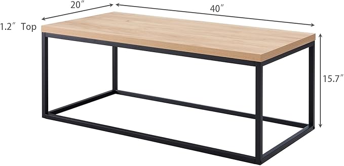 CENSI 40-Inch Natural Oak Accent Coffee Table Ottoman for Living Room, Rectangle, Mid-Century Modern Industrial Style, Extra Thick Top, Light Wood and Metal (Oak)