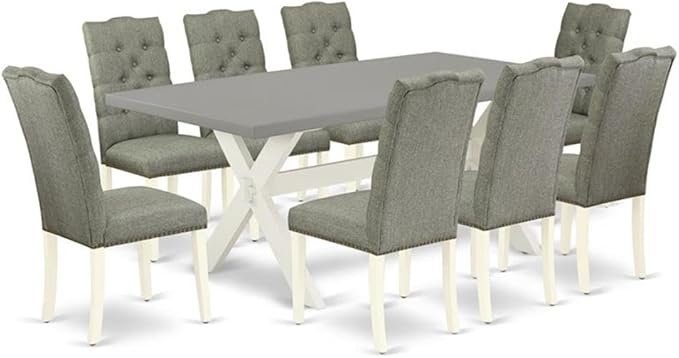 East West Furniture X097EL207-9 9 Piece Dining Set Includes a Rectangle Dining Room Table with X-Legs and 8 Gray Linen Fabric Upholstered Parson Chairs, 40x72 Inch, Multi-Color