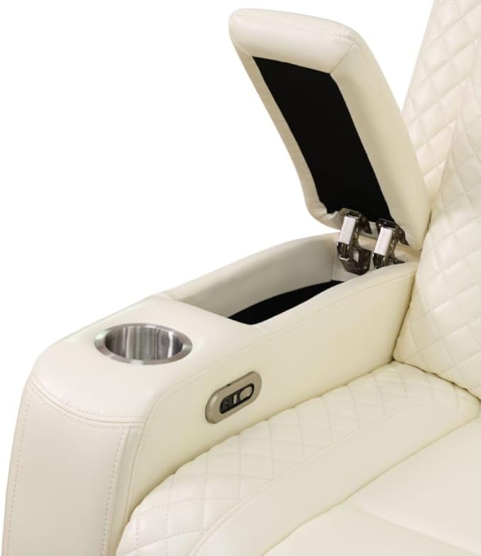 Electric Power Recliner Sofa Living Room Furniture, Comfy Home Theater Breathing Leather Seating with USB 2.0 Charging Ports, LED Light Strips, Fold-Down Table & Wireless Charging Device (White-2)