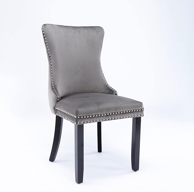 PacknWood Acosure Set of 2 Velvet Upholstered Wing-Back Dining Chair with Backstitching Nailhead Trim,Exquisite Furniture Stool W/Wood Legs,for Kitchen,Sitting Room,Gray