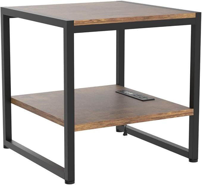 Homieasy End Table with Charging Station, 20 Inch Mini Fridge Stand with 2-Tier Open Shelf, Square Bedside Nightstand & Sofa Side Table for Small Spaces, Rustic Brown - 2 Pack