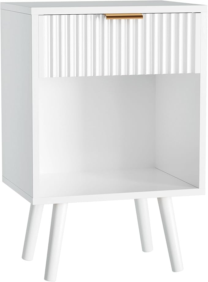 YMYNY Mid Century Modern Nightstand, Side Table, Fluted Night Stand with Drawer, Open Shelf Unit, Golden Handle, Solid Wood Legs, Bedside Table, for Bedroom, White UHST013W
