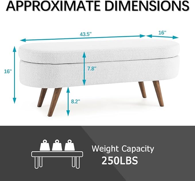 Oval Storage Bench 43.5" Linen Fabric Upholstered Entryway Bench with Solid Wood Legs Ottoman Bench Indoor Bench for Living Room/Bedroom/End of Bed/Entryway (White)