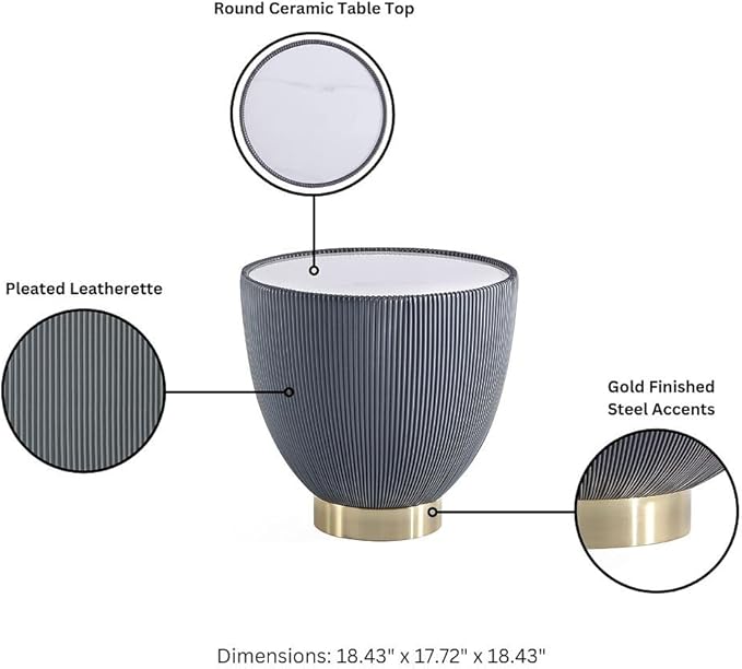Manhattan Comfort Anderson Modern 18" Round End Table 2.0 | Ceramic Marble Tabletop, Elegant Pleated Leatherette Design & Gold Stainless Steel Base, Fully Assembled Accent Furniture, Set of 1, Grey