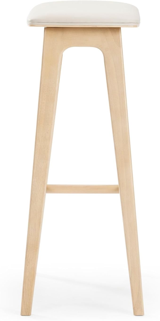Plank+Beam Beryl Bar Height Stool - Mid-Century Modern Rubberwood Bar Stool with Faux Leather Seat, Metal Footrest, Easy Assembly, 4-Pack, Blonde/Sesame