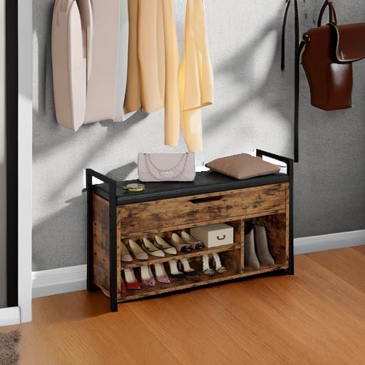 IRONCK Shoe Storage Bench, Entryway Bench with Lift Top Storage Box, Metal and Board Bench for Entryway, Two Tier Shoe Rack Organizer for Entryway, Hallway, Industrial, Vintage Brown