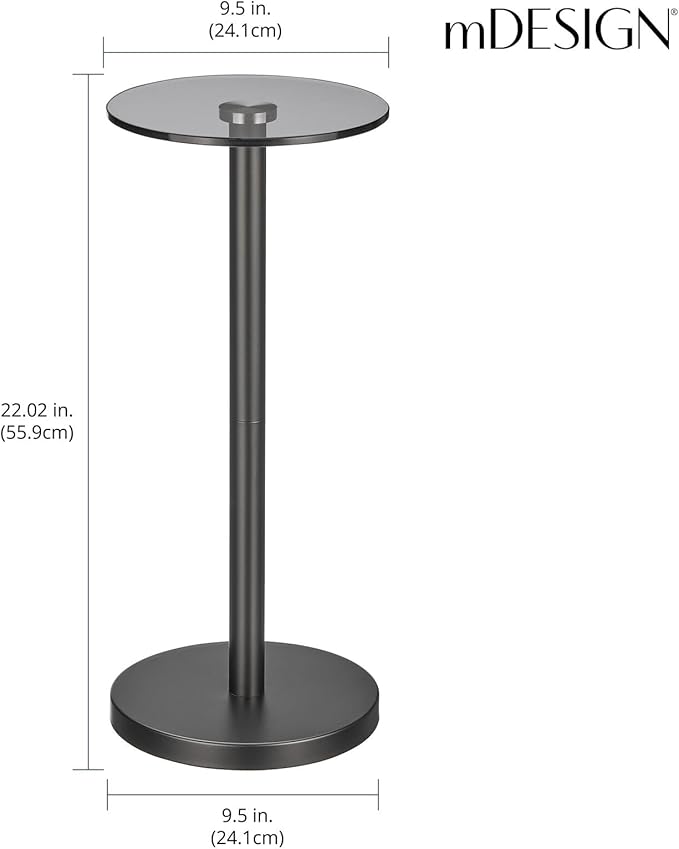 mDesign Glass Top Side/End Drink Table - Small Modern Round Accent Metal Nightstand Furniture for Living Room, Dorm, Home Office, and Bedroom - 9" Round - Smoke Gray/Black