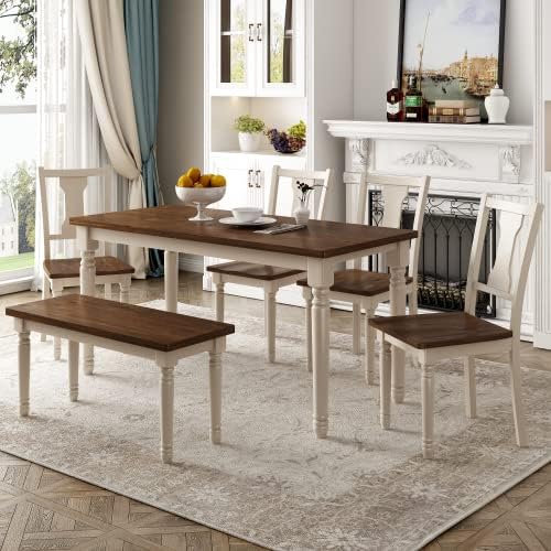 SogesPower Classic 6-Piece Dining Table Set for 4-6,Rectangular Farmhouse Wooden Dining Table Set with 4 Chairs & 1 Bench for Dining Room Living Room,Brown+Cottage White