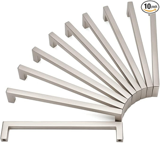 KOOFIZO Solid Square Bar Cabinet Handle - Brushed Nickel Furniture Pull, 6.3 Inch/160mm Screwhole Distance, 10-Pack for Kitchen Cupboard Door, Bedroom Dresser Drawer, Bathroom Wardrobe Hardware