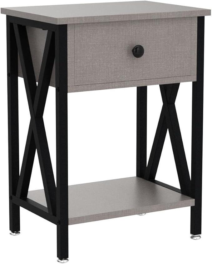 VECELO Nightstands Set of 2, Modern Bedside End Tables, Night Stands with Drawer and Storage Shelf for Living Room Bedroom, Industrial Metal Frame