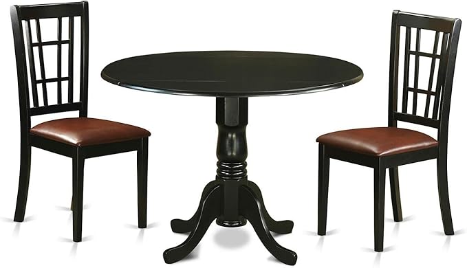 East West Furniture DLNI3-BLK-LC 3 Piece Dining Table Set for Small Spaces Contains a Round Dining Room Table with Dropleaf and 2 Faux Leather Upholstered Chairs, 42x42 Inch, Black