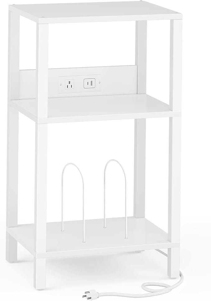 TUTOTAK Record Player Stand with Storage Up to 100 Albums，Record Storage Table,3 Tier End Table with Charging Station,Side Table for Living Room, Bedroom, White TB01BW076