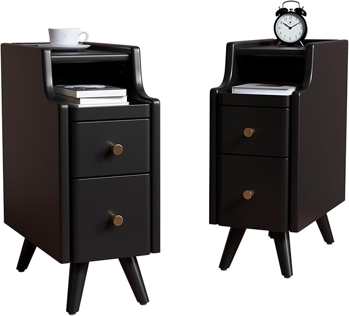 Narrow Nightstand with Drawers, Wood Bedside Table, Small Black Nightstand Set of 2