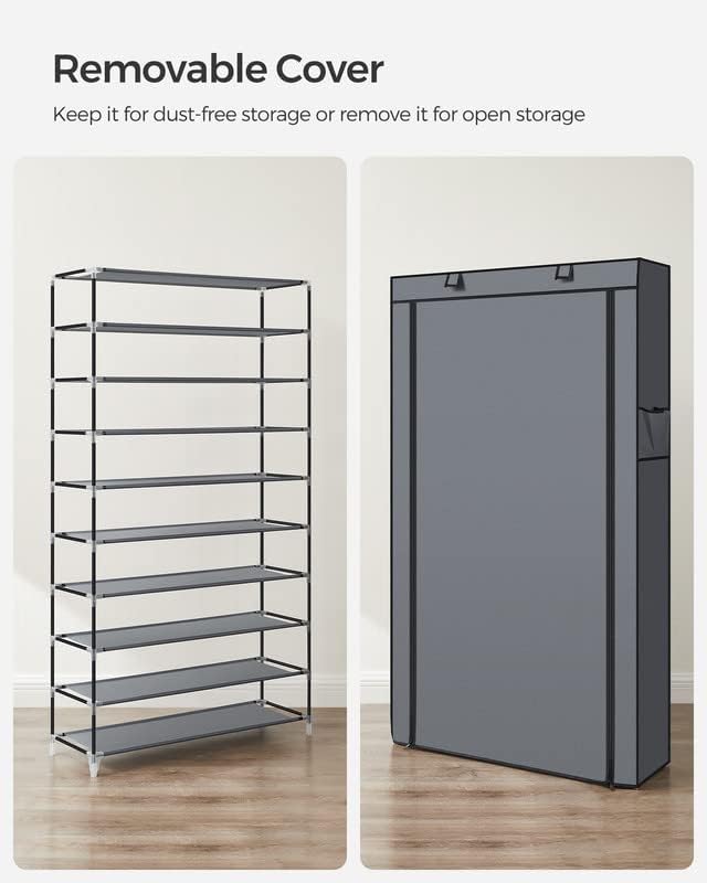 SONGMICS Shoe Rack with Non-Woven Fabric Cover, 9 Tier Storage Shelf for 40-50 Pairs of Shoes, Entryway, Suitable for Sneakers, High Heels, Flats, and Boots, Grey RXJ36G01