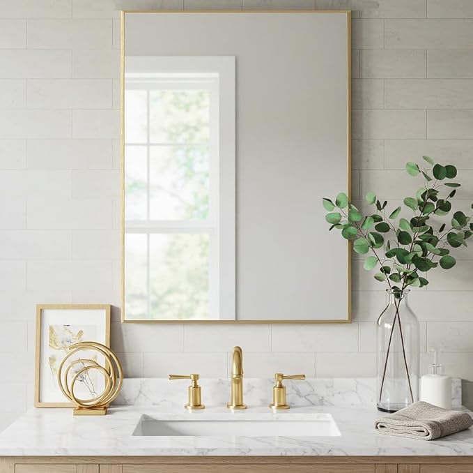 24x32 Inch Gold Bathroom Mirror - Copper-Free Mirror, Aluminum Alloy Frame Vanity Rectangle Wall Mounted Modern Mirror for Bedroom/Living Room/Porch Horizontal or Vertical