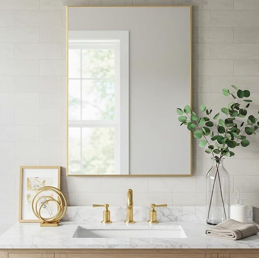 24x32 Inch Gold Bathroom Mirror - Copper-Free Mirror, Aluminum Alloy Frame Vanity Rectangle Wall Mounted Modern Mirror for Bedroom/Living Room/Porch Horizontal or Vertical