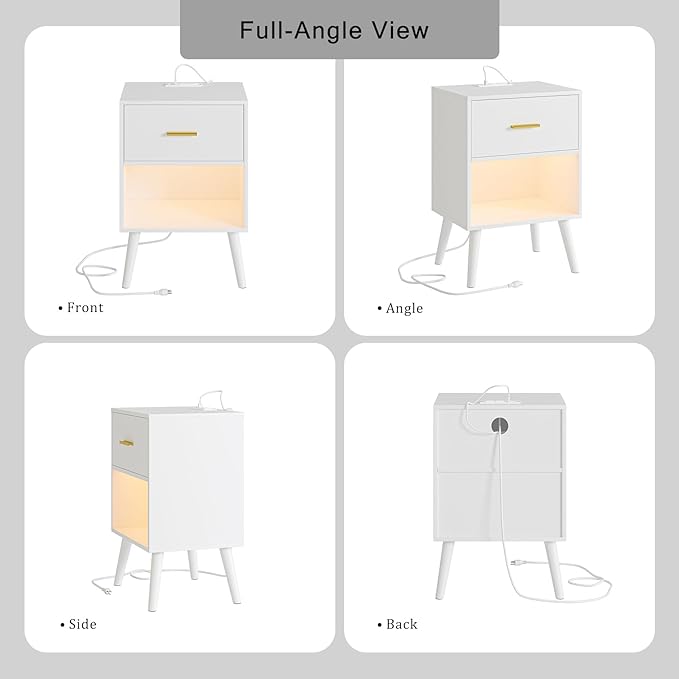 Nightstand with Charging Station and LED Lights, Small Side Table, Bedside Table with Drawer, Modern Night Stand, End Table for Bedroom, Living Room (White)