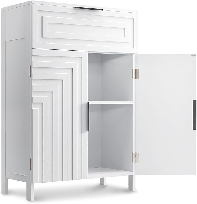 Storage Cabinet Bathroom Floor Cabinets with Drawer Freestanding Kitchen Cabinet Fluted Coffee Bar Cabinet for Living Room, Entryway, Garage Accent Storage Organization - 23.6x11.8x35.4- White