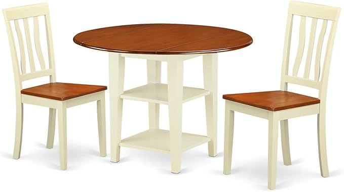East West Furniture SUAN3-BMK-W 3 Piece Dining Room Table Set Contains a Round Dining Table with Dropleaf & Shelves and 2 Wood Seat Chairs, 42x42 Inch, Buttermilk & Cherry
