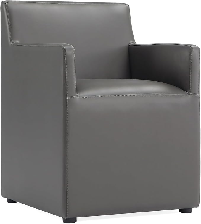 Manhattan Comfort Anna Square Modern Dining Chair with Arms, Head-to-Toe Faux Leather Upholstered Accent Armchair with Plastic Foot Padding, Set of 1, Pewter
