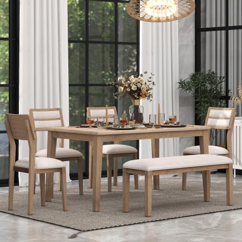 SogesHome Classic 6-Piece Dining Table Set, Rectangular Wooden Kitchen Table with Upholstered Chairs & Bench for Dining Room, Traditional Retro Farmhouse Dining Table for Kitchen, Natural