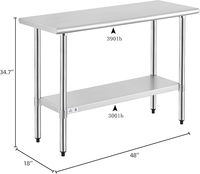 ROCKPOINT Stainless Steel Table for Prep & Work 18x48 Inches, NSF Metal Commercial Kitchen Heavy Duty Table with Adjustable Under Shelf and Table Foot for Restaurant, Home and Hotel
