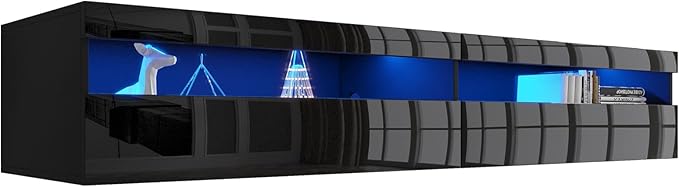 Floating TV Stand with Led Lights, 71 inch Wall Mounted TV Shelf with Power Outlet, Modern Entertainment Center Media Console with Storage Cabinet, Up to 80 Inch TVS, Black