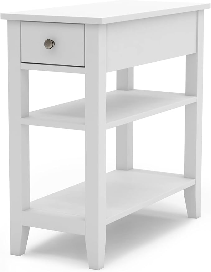 ChooChoo Side Table Living Room, Narrow End Table with Drawer and Shelf, 3-Tier Sofa End Table for Small Space, White