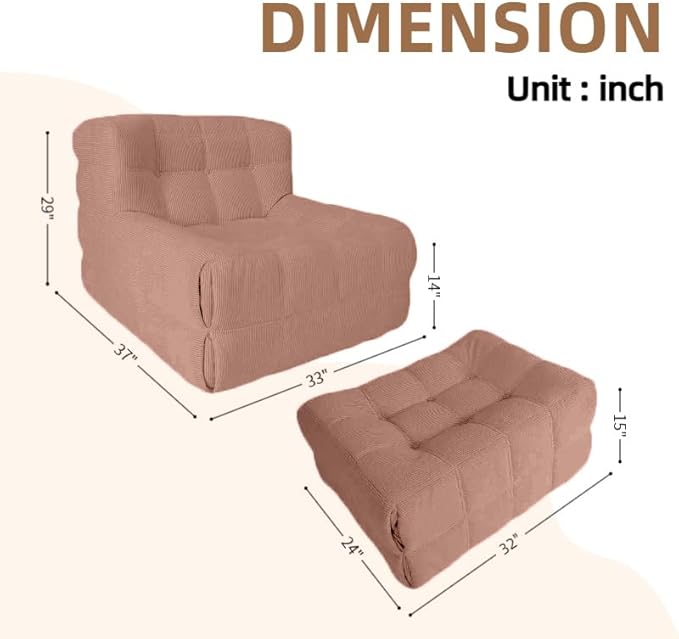 Bean Bag Chair - Memory Foam Bean Bag Chair for Adults, Comfy High-Resilience Single Sofa, Small Space Floor Chair, Chaise Lounge for Living Room, Bedroom (Pink, Square + Ottoman)